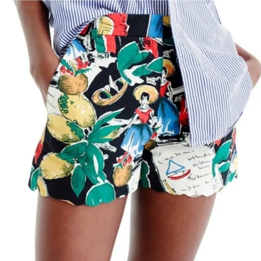 J.Crew Postcard‎ Print Scallop Shorts 4 Black Multicolor